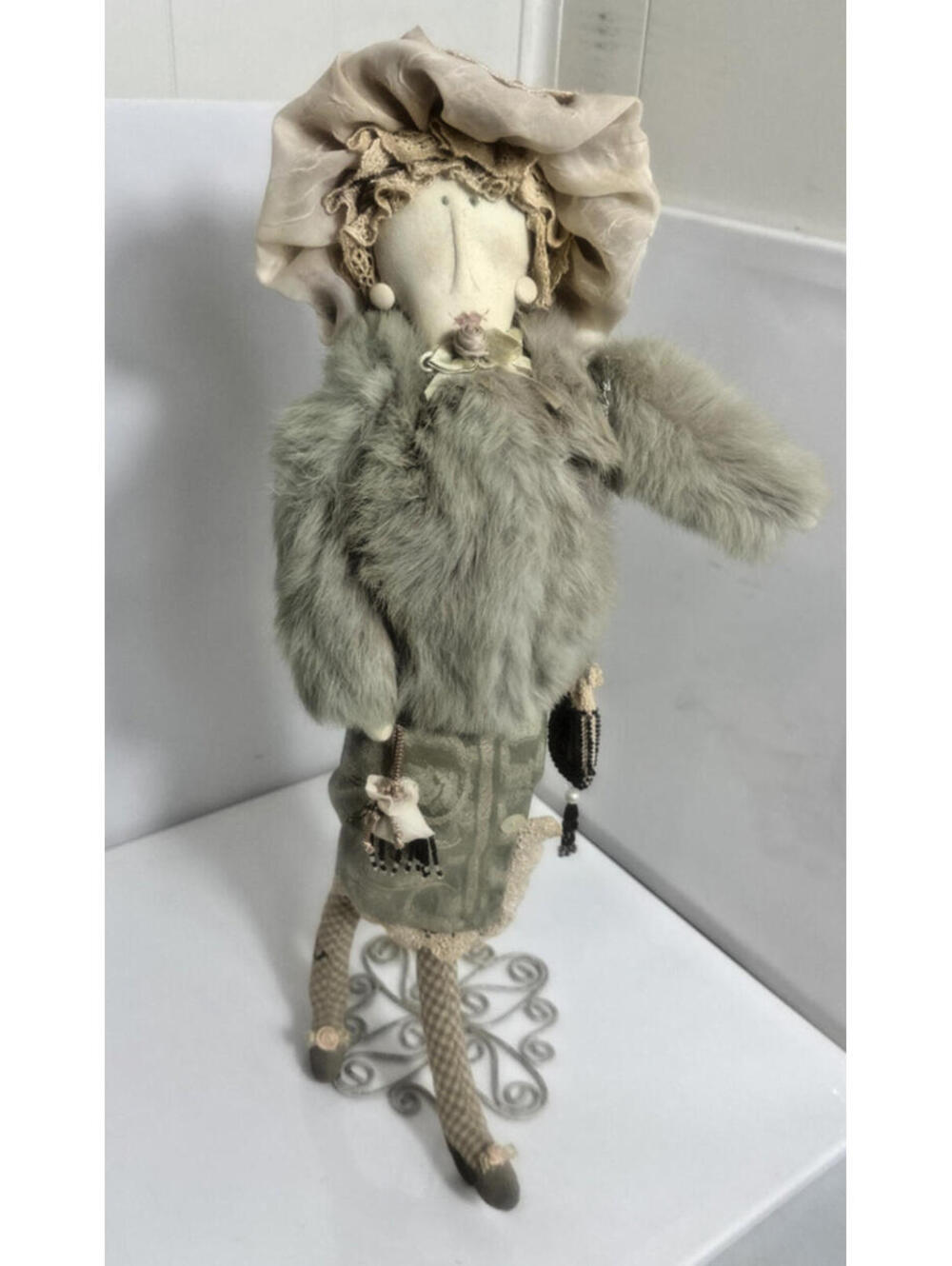 Carmen Manago Doll Grace Fur Coat Taupe Handmade Doll RARE Old Lady w Hat Purses